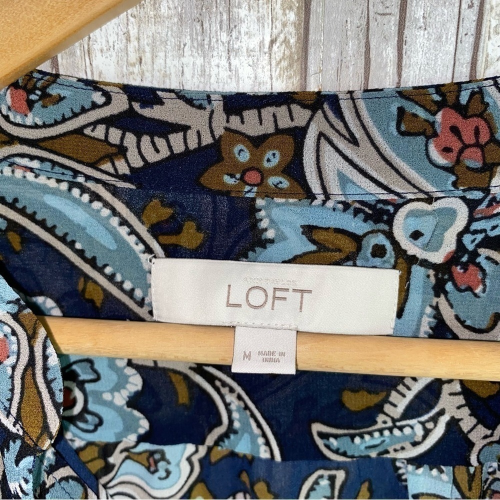 LOFT Blue Paisley Floral Popover Blouse Medium Boho Tunic Top - Picture 6 of 6